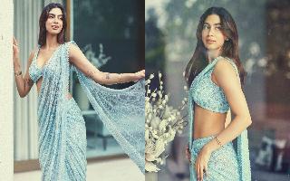 Khushi Kapoor Effortlessly Charms In Ice Blue Lehenga Saree Worth Over Rs 2 Lakhs | Photos